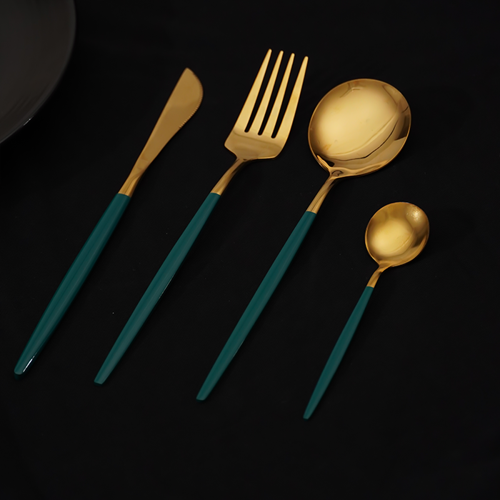 Gold and Teal Stainless Steel Cutlery Set of 4