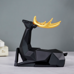 Black Geometric Deer Figurine with Gold Antlers