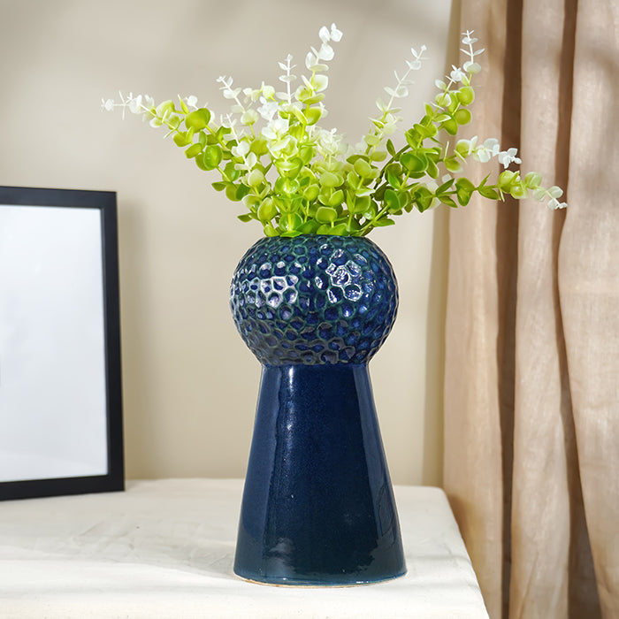 Glossy Midnight Blue Textured Vase with Tapered Base