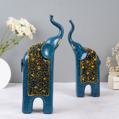 Blue Elephant Statues with Golden Accents - Unique Home Decor