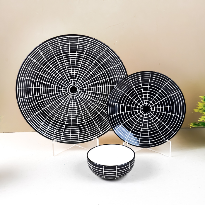 Black and White Grid Ceramic Dinnerware - Set of 3
