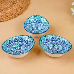 Blue & Teal Lotus Long Ceramic Bowls Set of 3