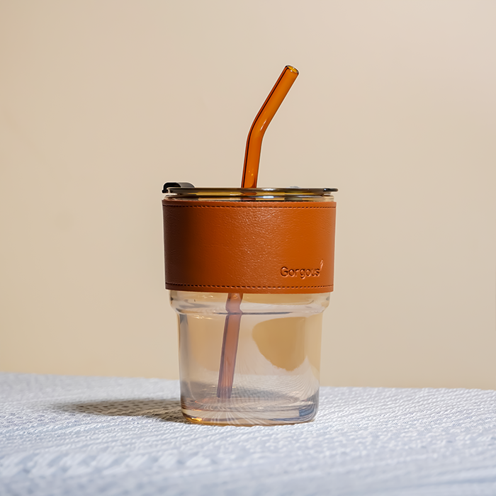 Glass Tumbler with Leather Sleeve - Orange Straw