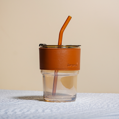 Glass Tumbler with Leather Sleeve - Orange Straw