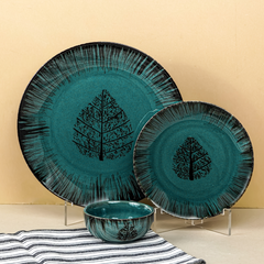 Ceramic Dinnerware Set with Black Tree Motif - Set of 3