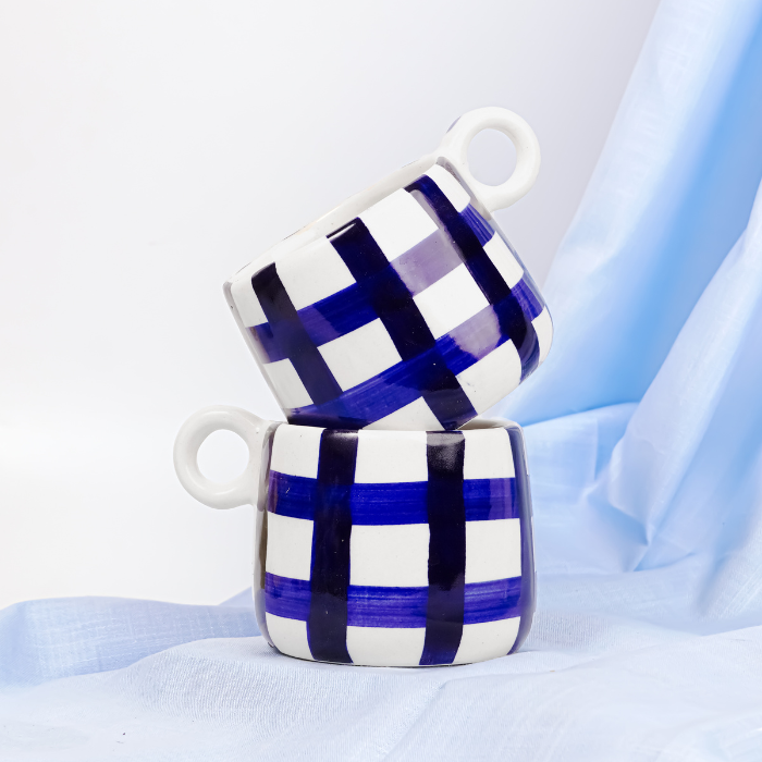 Blue and White Checkered Ceramic Mugs