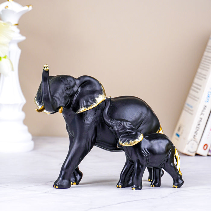 Black Elephant Figurine Set with Gold Accents