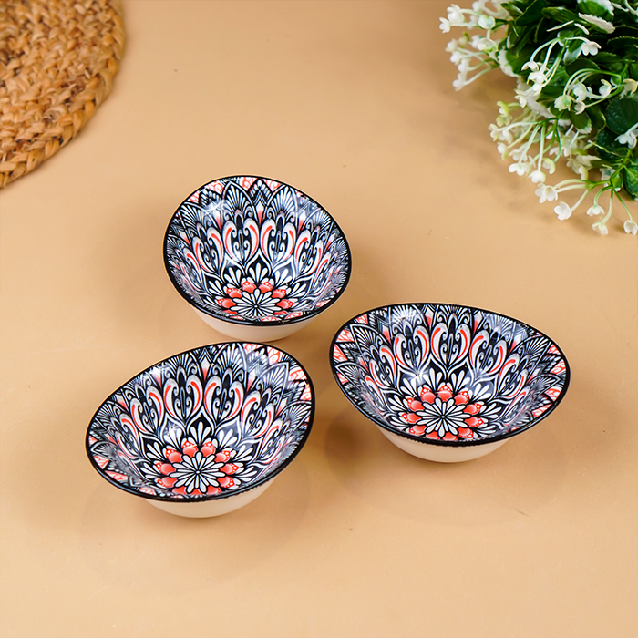 Black & Red Floral Long Ceramic Bowls Set of 3