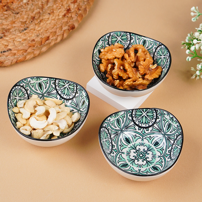 Green & White Fern Square Ceramic Bowls Set of 3