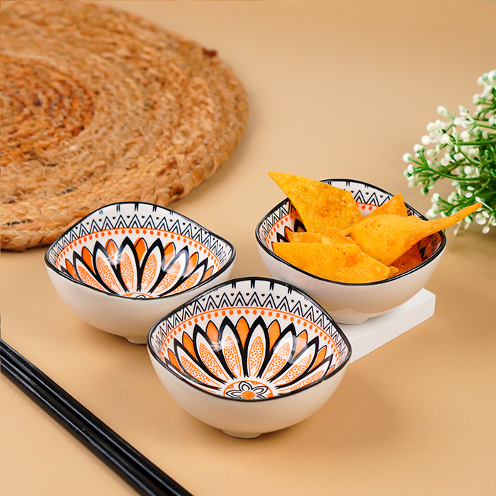 Orange & Black Ember Square Ceramic Bowls Set of 3