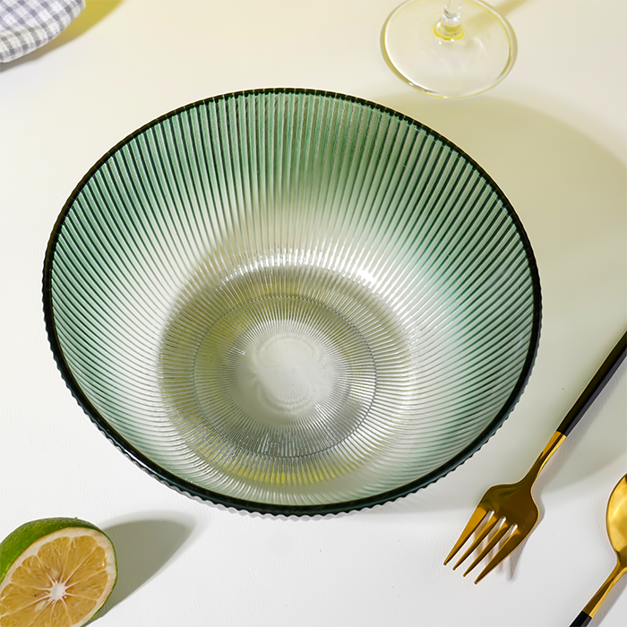 Forest Green Ribbed Glass Bowl - Ombre Gradient Serving Dish