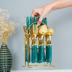 Teal and Gold Stainless Steel Cutlery Set of 24