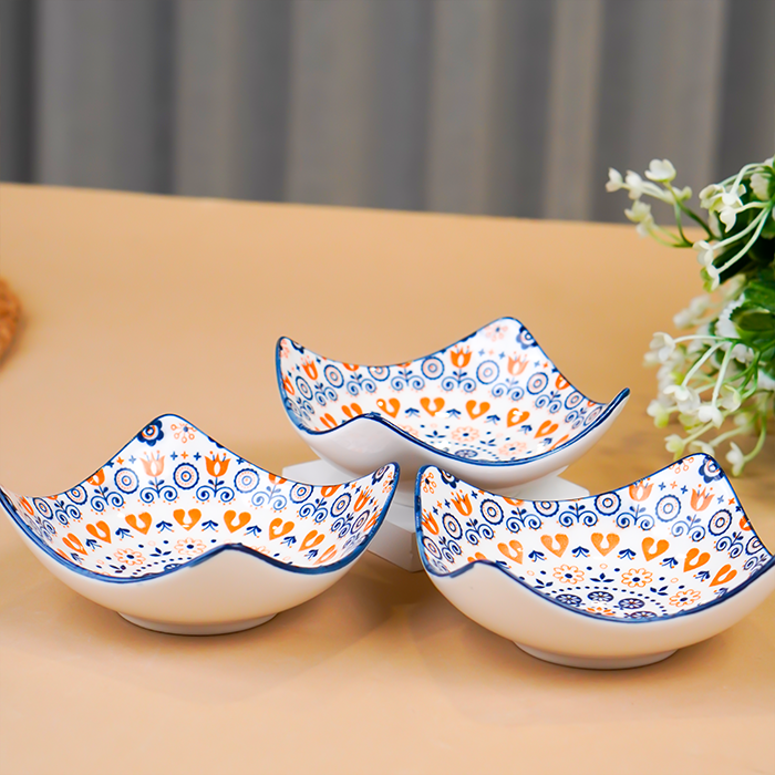 Orange & White Floral Square Ceramic Bowls Set of 3