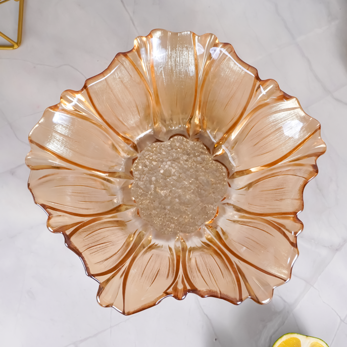 Amber Gold Fluted Glass Bowl with Wave Design