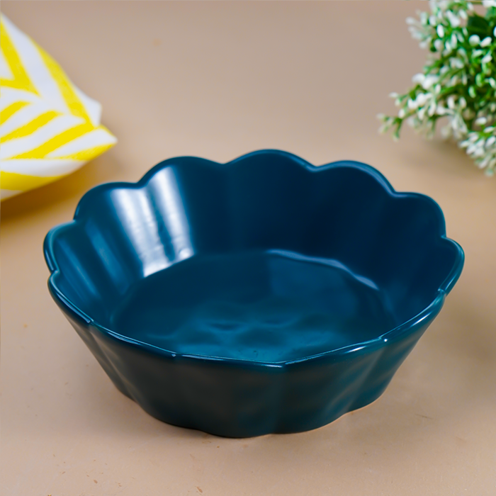 Deep Blue Ceramic Bowl with Scalloped Edges - Large