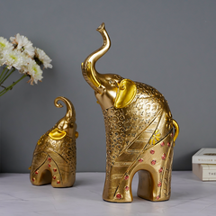 Gold Elephant Statues with Floral Accents - Set of Two