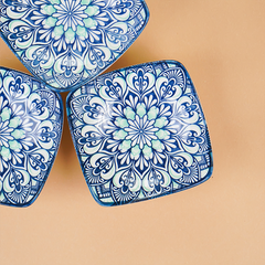 Blue & White Floral Square Ceramic Bowls Set of 3