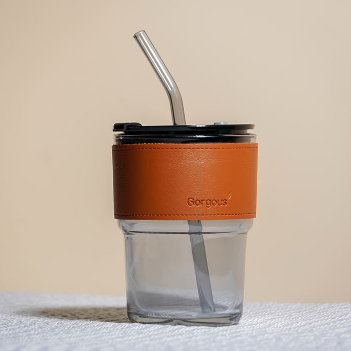 Glass Tumbler with Leather Sleeve - Black Straw