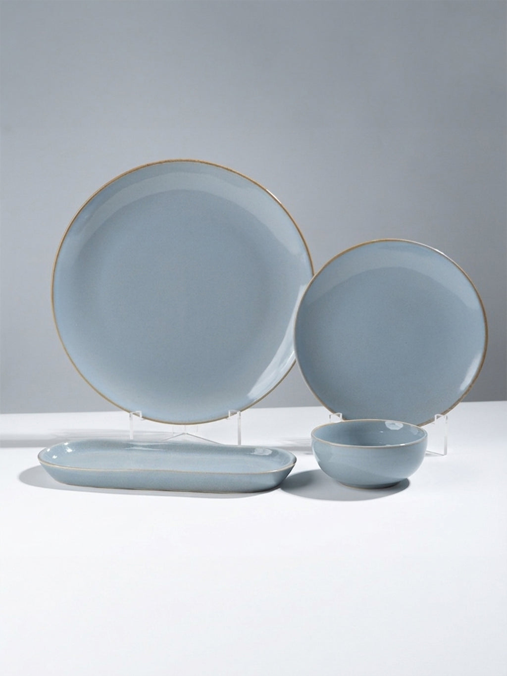 Light Blue Ceramic Dinner Set with Rustic Gold Rim Finish - Set of 19