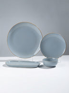 Light Blue Ceramic Dinner Set with Rustic Gold Rim Finish - Set of 19