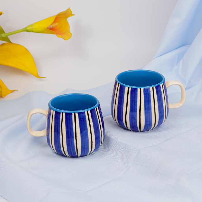 Blue and White Striped Ceramic Mug