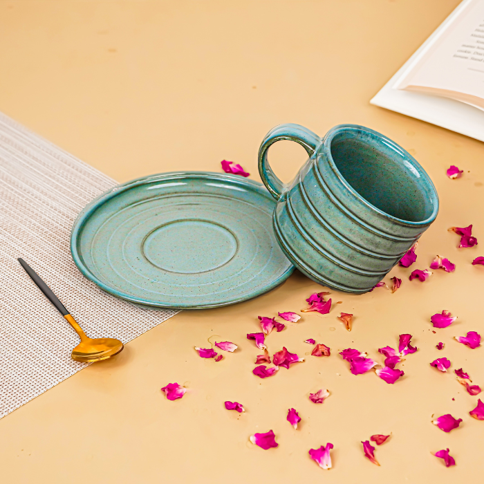 Green Ribbed Ceramic Cup and Saucer Set