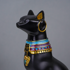 Black Egyptian Cat Statue with Golden Jewelry and Colorful Collar