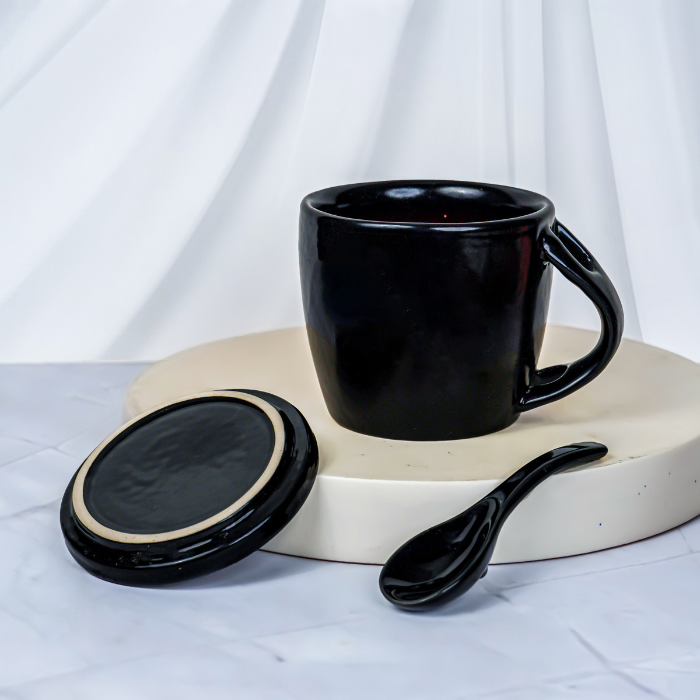 Black Ceramic Mug Set with Lid and Spoon