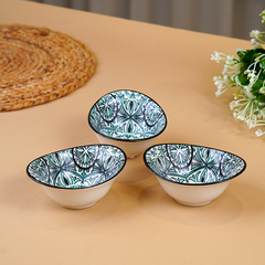 Green & White Mandala Long Ceramic Bowls Set of 3