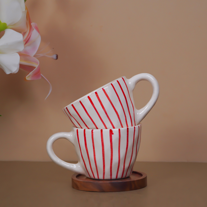 White Ceramic Cup with Hand-Painted Red Stripes