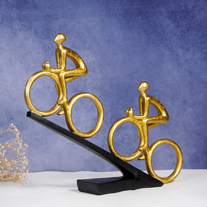 Gold Cyclist Sculpture - Dual Cyclists on Black Base