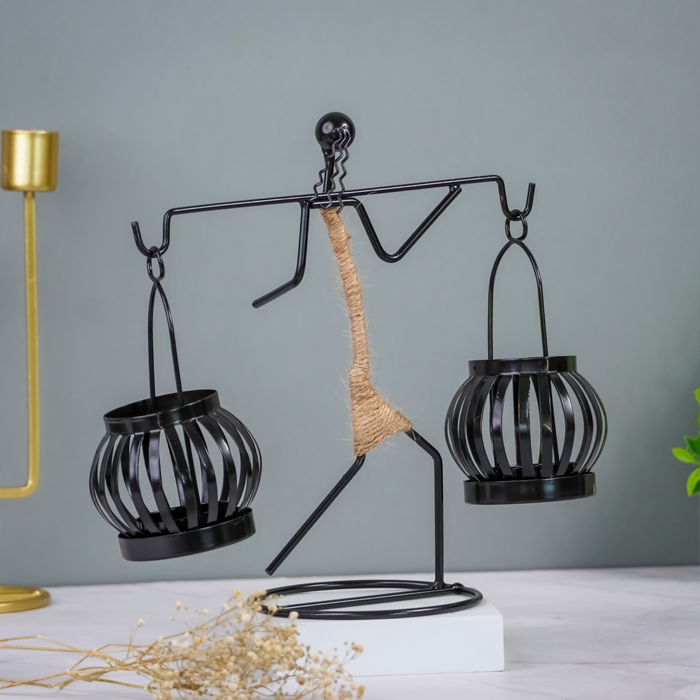 Black Metal Balance Sculpture with Rope Detail - Unique Lantern Design