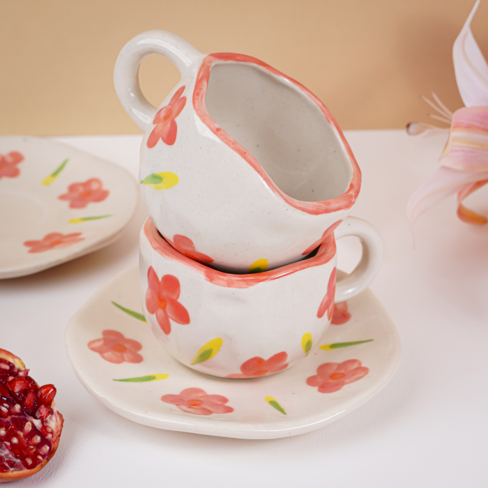 Hand-Painted Floral Ceramic Cup and Saucer Set