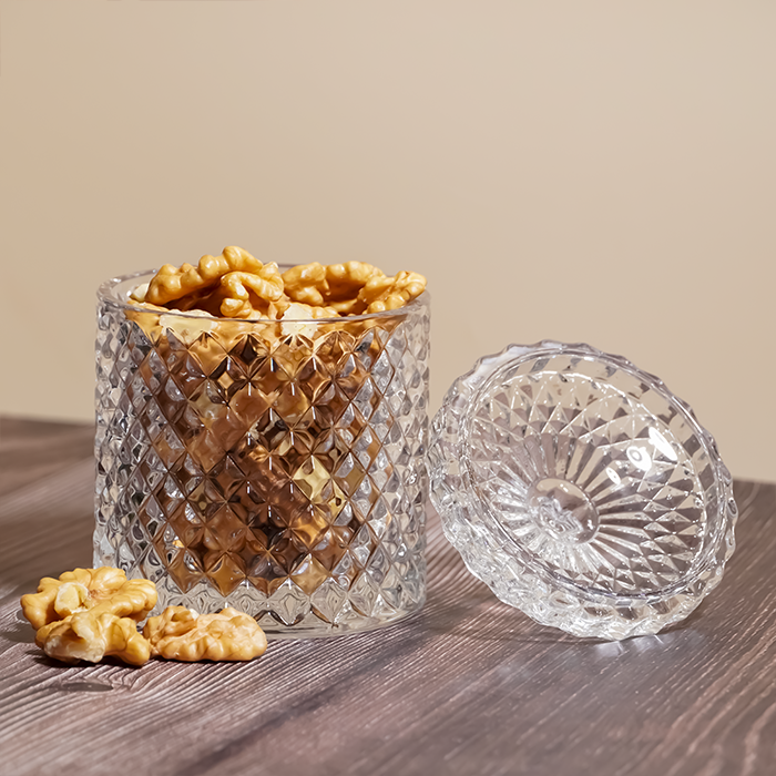 Crystal-Cut Glass Storage Jar with Lid - Diamond Patterned Clear Container