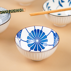 Blue Artwork Ceramic Bowls Set of 6 with Chopsticks