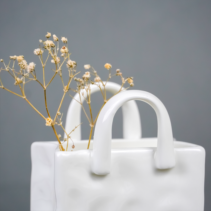 White Ceramic Bag Vase with Textured Design