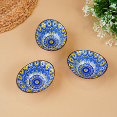 Yellow & Blue Sunburst Long Ceramic Bowls Set of 3