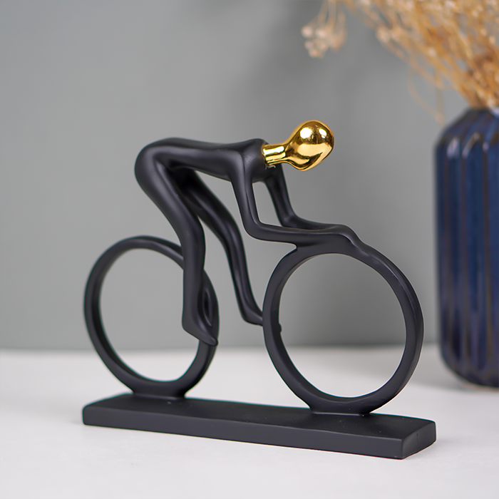 Matte Black Cyclist Sculpture with Gold Head - Modern Sports Art Décor