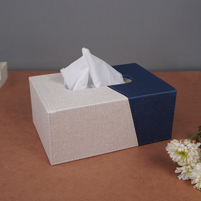 Blue and Beige Tissue Box Holder with Faux Leather Cover