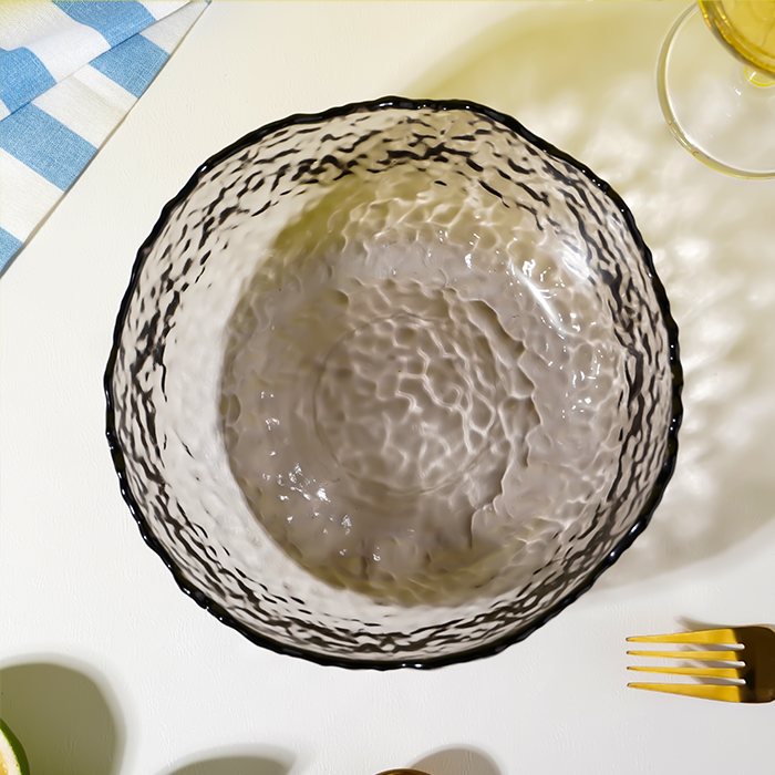 Smoky Gray Wavy Glass Bowl - Textured Design with Ruffled Edge