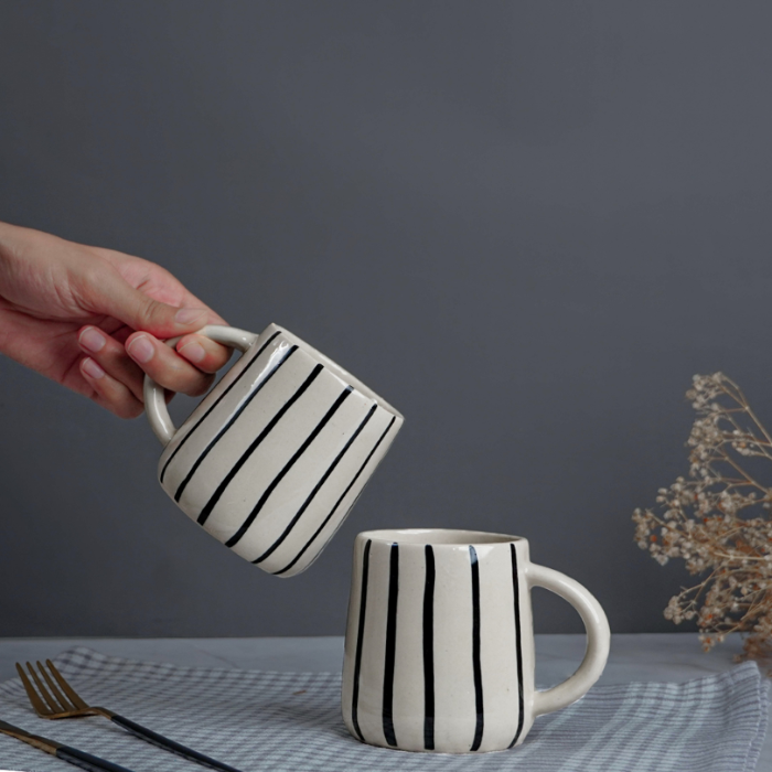 Cream Ceramic Mug with Black Stripes
