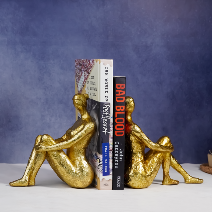 Gold Abstract Bookend Sculptures - Unique Sitting Figures Design