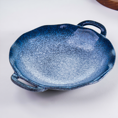 Matte Blue Ceramic Bowl with Unique Dual-Handle Design