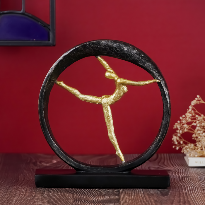 Gold Abstract Dancer in Black Circle Sculpture - Modern Art Decor