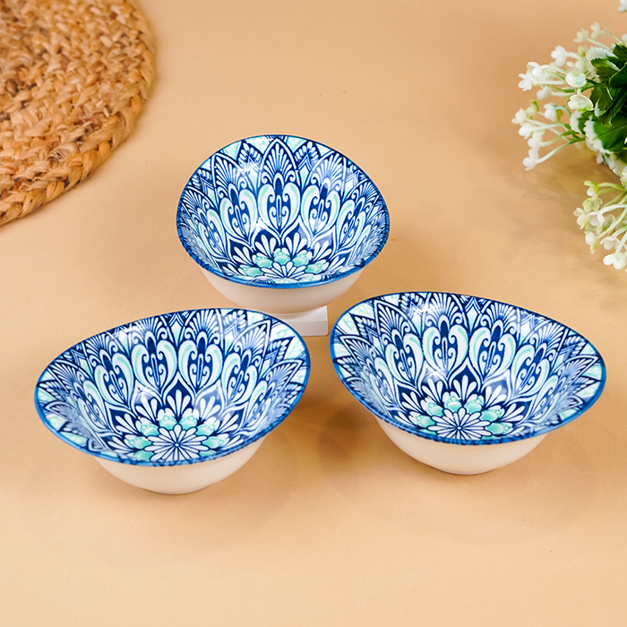 Blue & White Petal Long Ceramic Bowls Set of 3