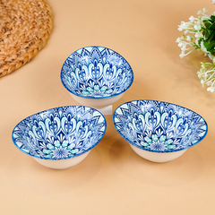 Blue & White Petal Long Ceramic Bowls Set of 3