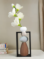 Stacked Stone Vase with Black Geometric Frame