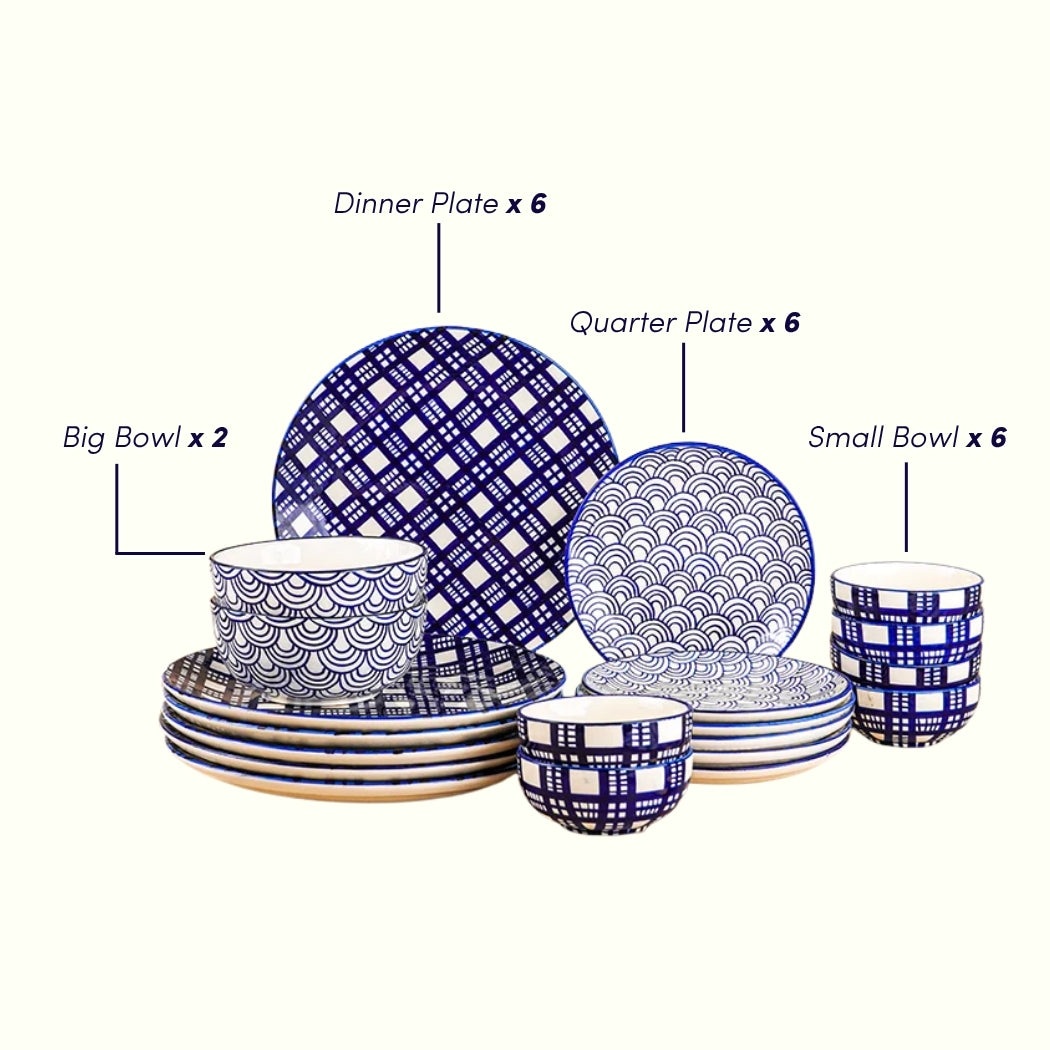 Blue and White Patterned Ceramic Dinner Set - Set of 20