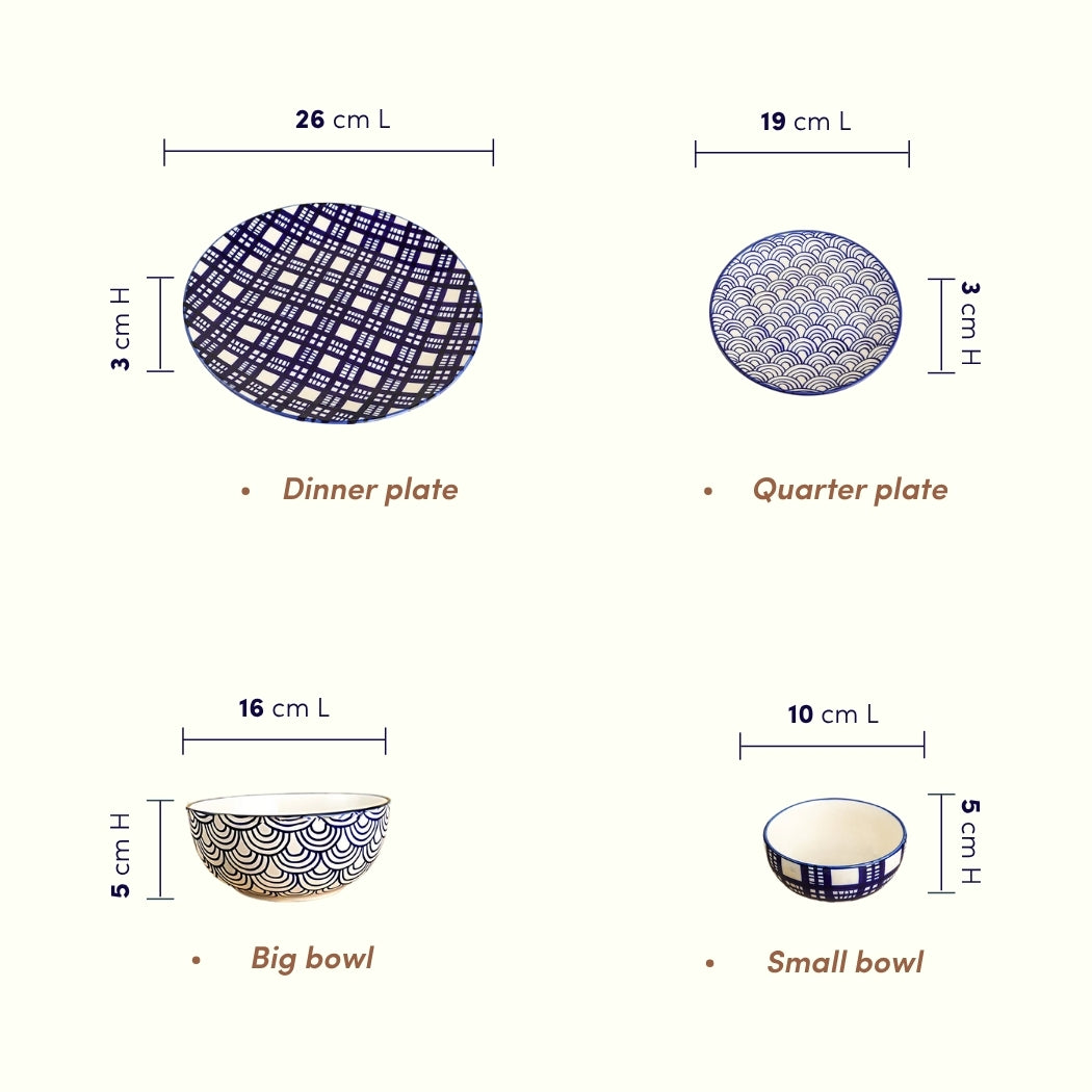 Blue and White Patterned Ceramic Dinner Set - Set of 20