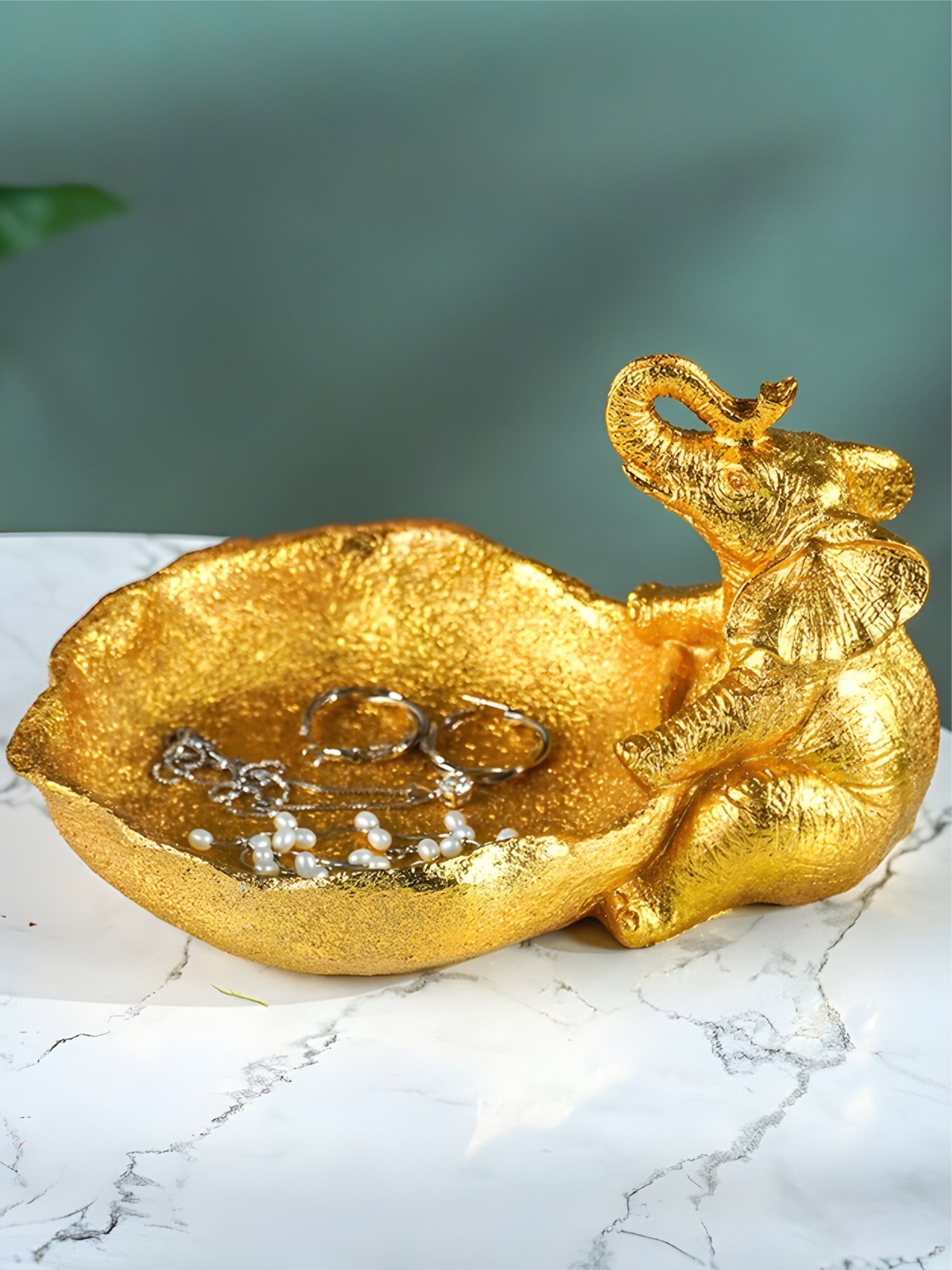 Gold Resin Elephant Trinket Bowl with Textured Finish